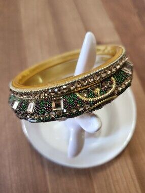 Gold-Tone Green & Purple Beaded Statement Bangle